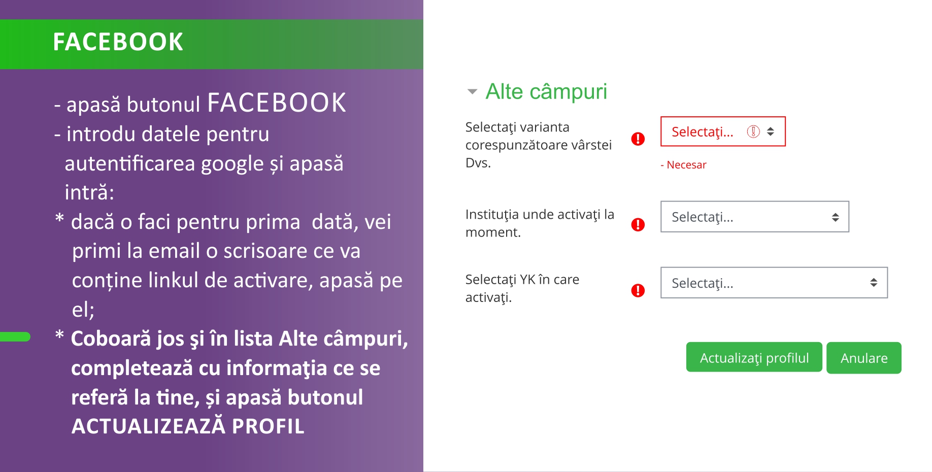 * Coboară jos şi în lista Alte câmpuri, completează cu informaţia ce se referă la tine, și apasă butonul ACTUALIZEAZĂ PROFIL 